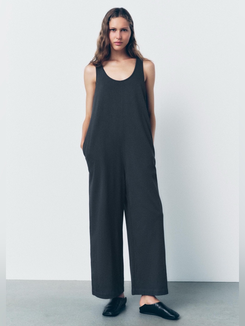 Zara Charcoal Gray Long Cotton Jumpsuit